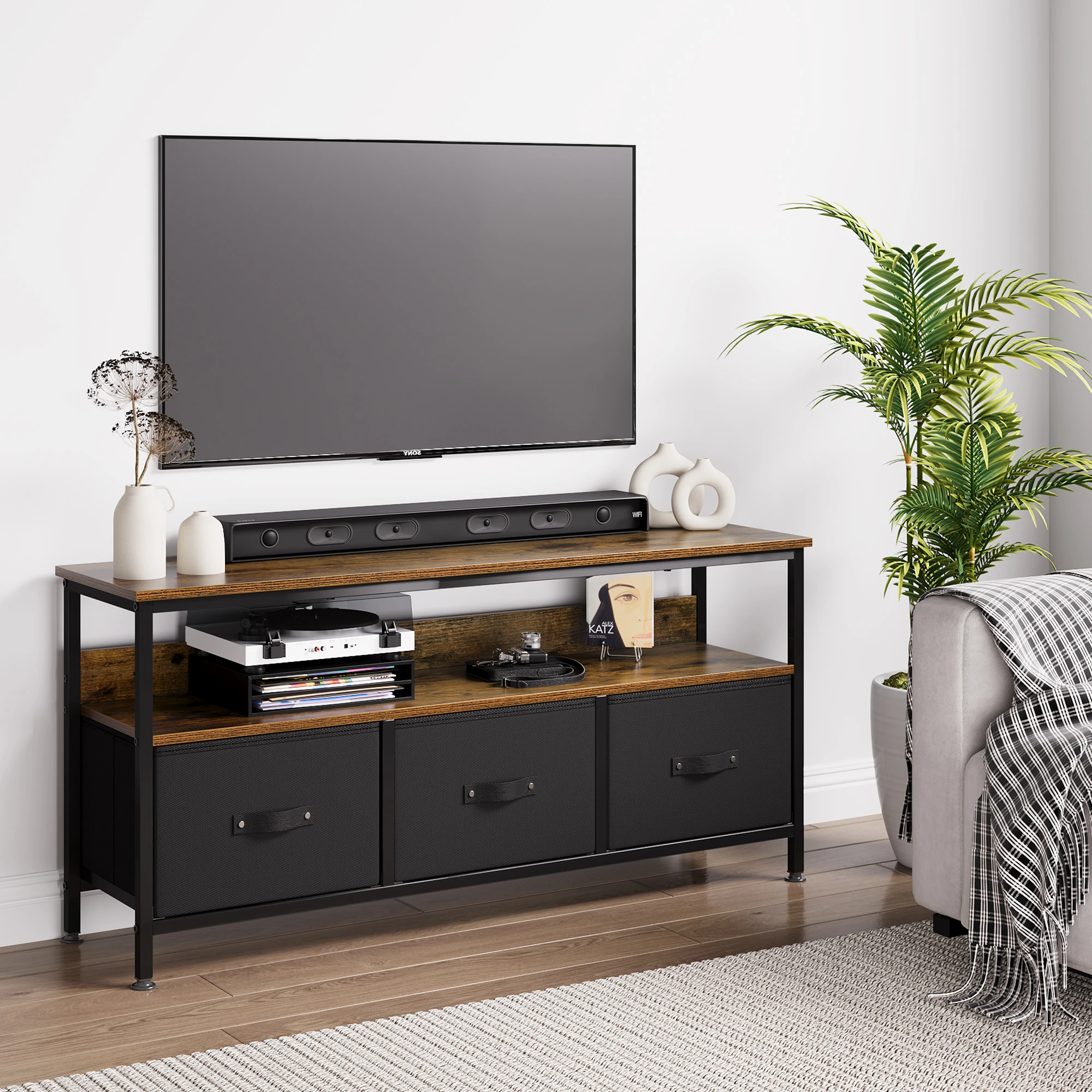 

TV Stand with 3 Fabric Drawers for 55 Inch TV Entertainment Center Media Console Table Storage Spaces for Living Room Bedroom
