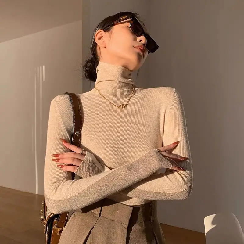 Women Solid Turtleneck Thin Soft Long Sleeve Women T-shirt High Stacked Neck Tight Perspective Jumpers Sexy Slim Sweaters