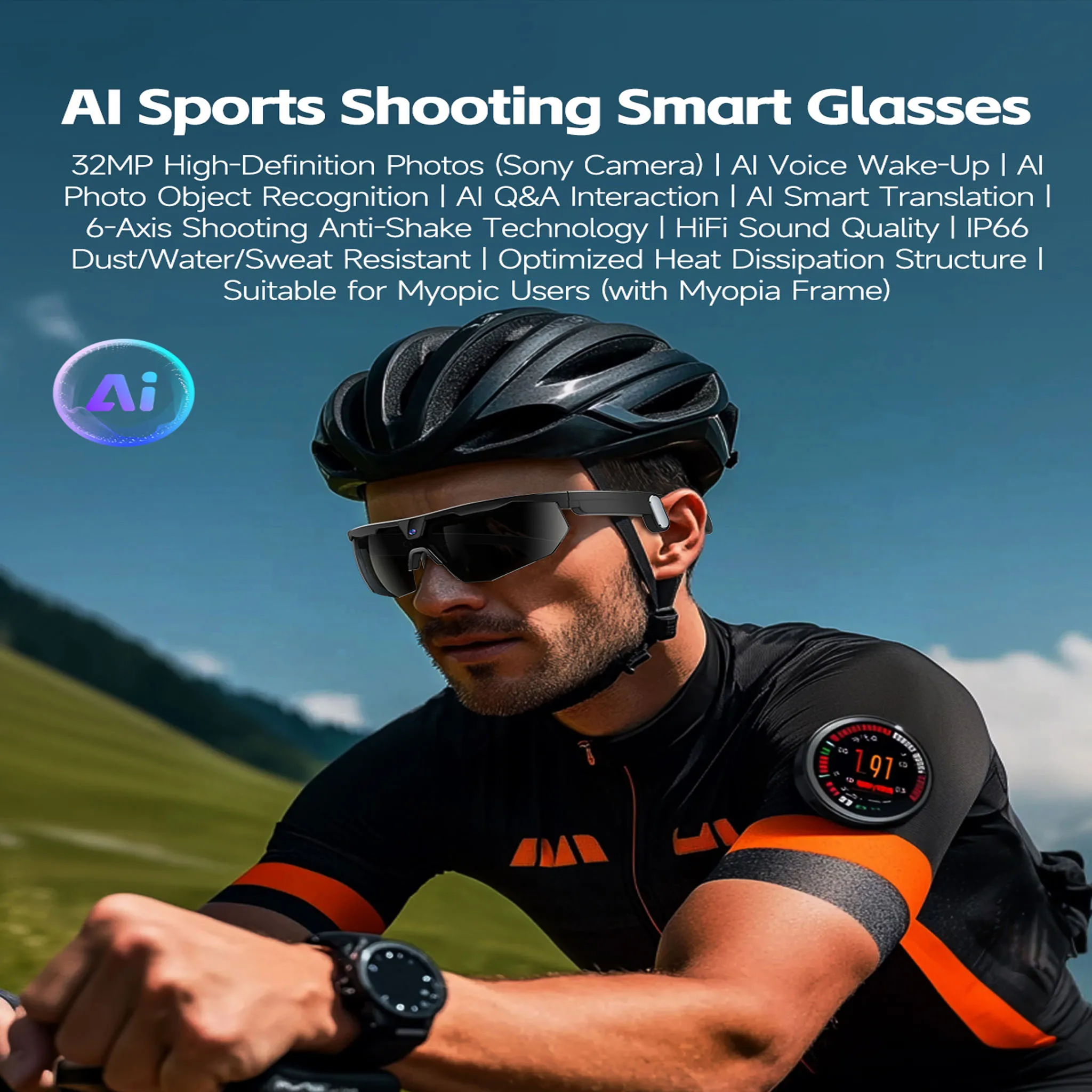 Marsyu Smart Glasses HD Video Camera 8MP Sensor 32MP Photo WiFi Sync Bluetooth Audio Sunglasses Anti-shake Dual Mic Noise ENC