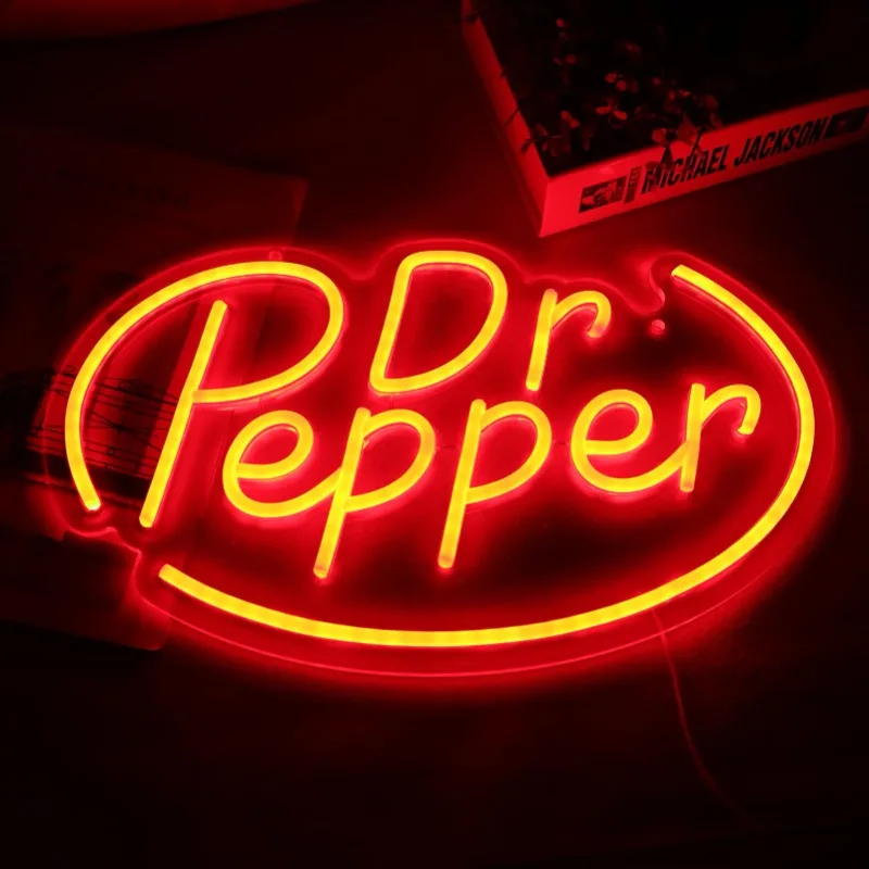 Lampu Neon dekorasi dinding Dr Pepper, untuk kamar tidur tanda bisnis Led cocok untuk hadiah Natal gua toko pria 16*10 inci (merah)