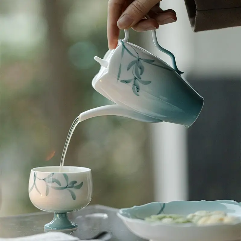 Gradient‑Blue Hand‑Painted Orchid Ceramic Teapot With Ball‑hole Filter Household Kung‑fu Tea Brewing Utensil Home Decor Gift