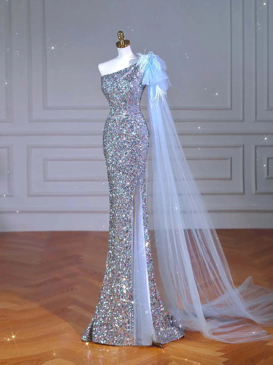 Abito da sera lucido per donna Elegante monospalla con paillettes senza maniche Scialle per banchetti Abiti da festa per celebrità da sposa di lusso