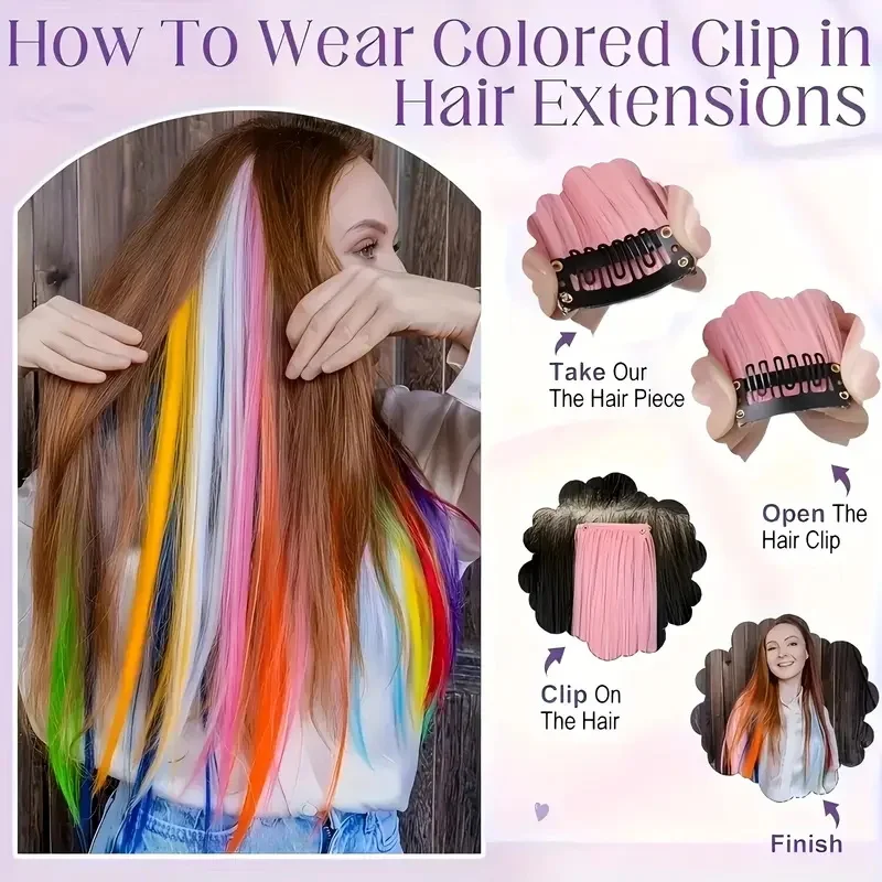 22Inch Colored Party Synthetic Clip in Hair Extensions for Girls Multi-colors Long Straight Hair Rainbow Hairpieces image 5