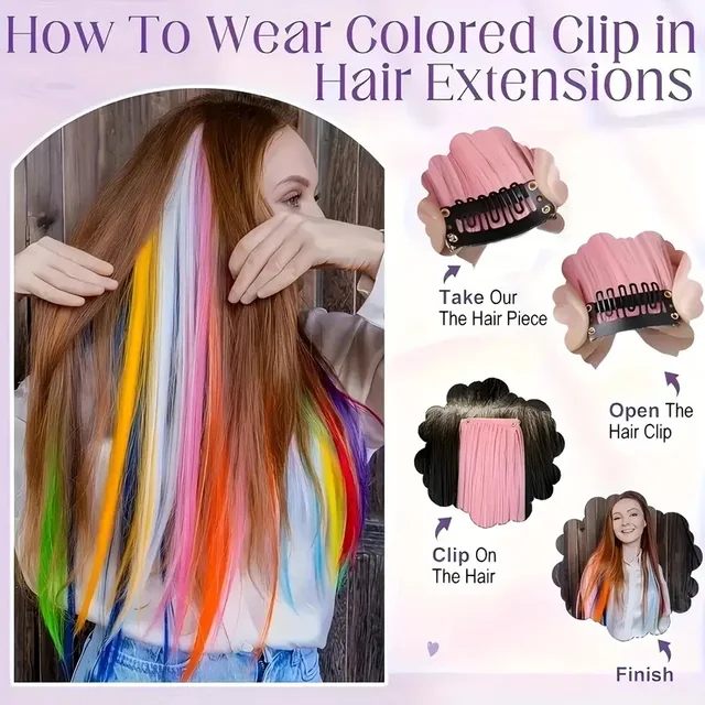 22Inch Colored Party Synthetic Clip in Hair Extensions for Girls Multi-colors Long Straight Hair Rainbow Hairpieces 5
