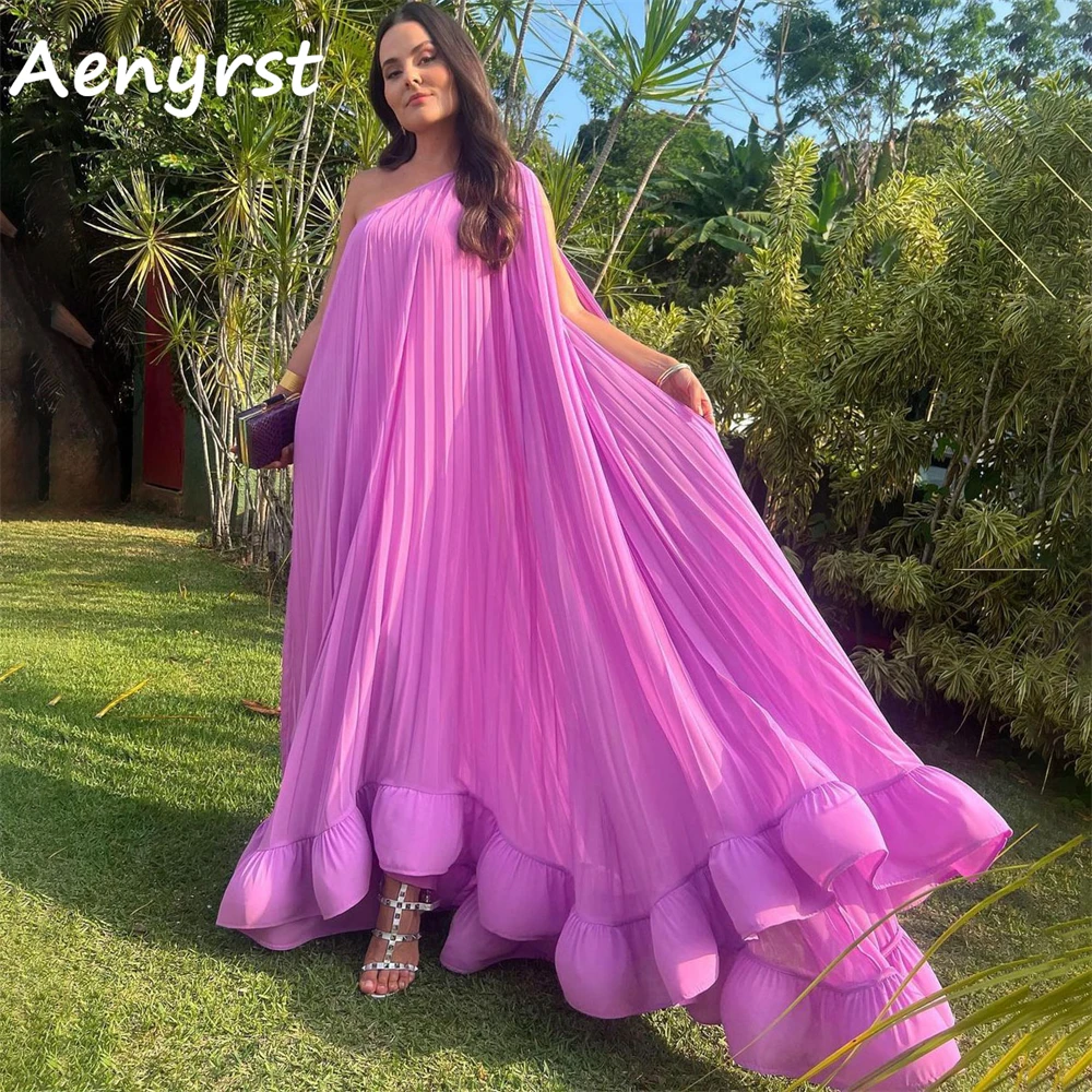 Aenyrst Pink One Shoulder Evening Dresses Chiffon Draped Ruched A Line Party Gowns For Women Floor Length Formal Prom Dress 2024