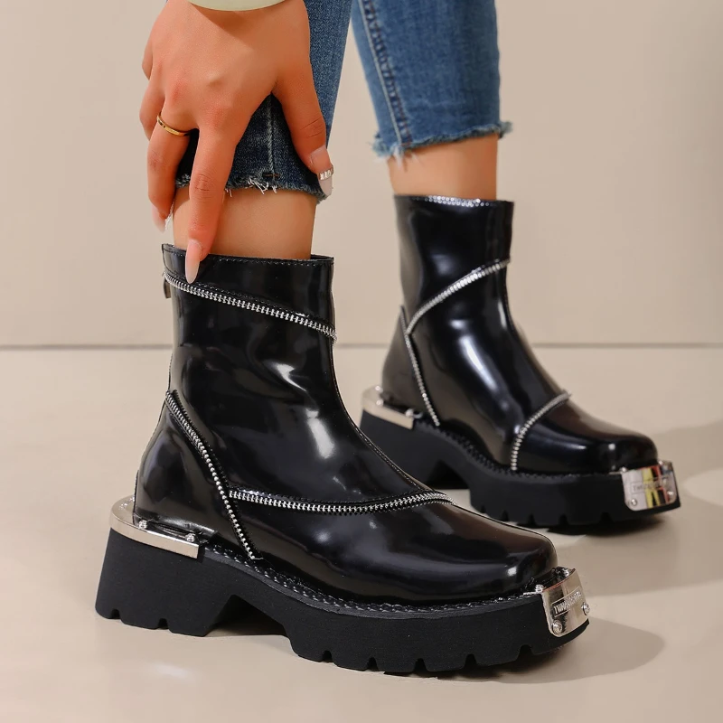 ربيع الخريف الأحذية الحديثة موضة زخرفة المعادن النساء Bootie سميكة وحيد كعب مربع أحذية مريحة الظهر سستة حذاء بوت بطول الكاحل #5