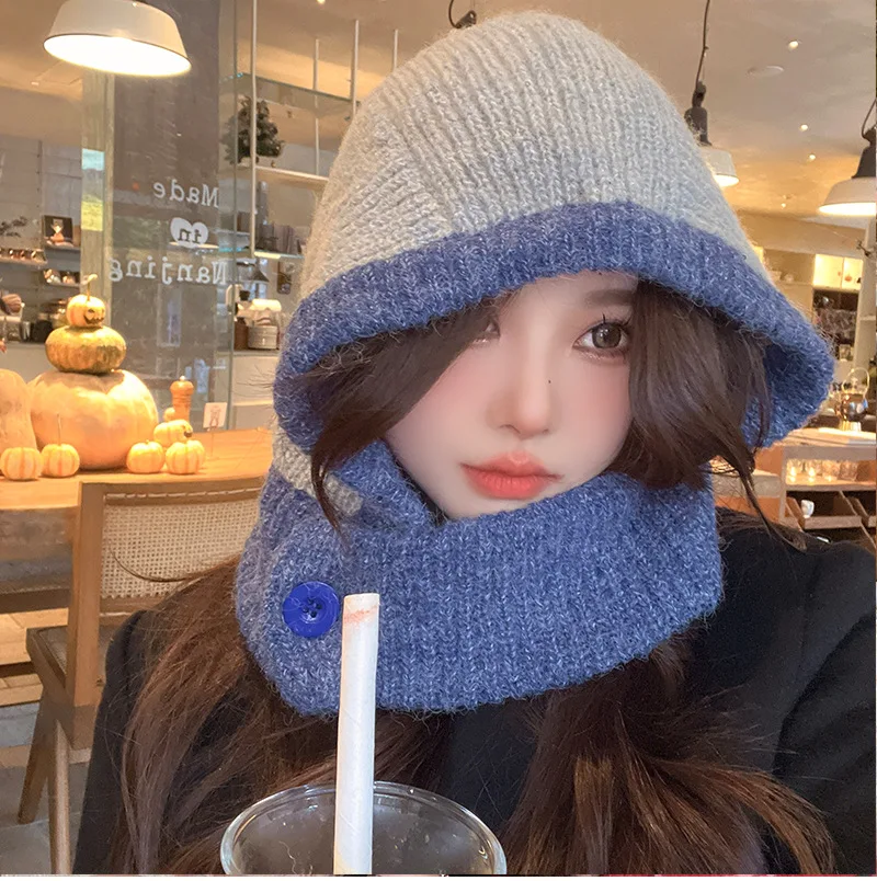 Fashion Winter Women's Head Hooded Hat Scarf Dual-purpose One Thick Warm Knitted Pullover Beanies Skullies for Women Girls New