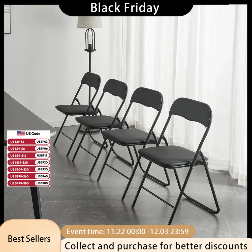 Folding Chairs with Padded Cushion and Back, Metal Chairs for Home and Office,Indoor and Outdoor Foldable Chairs (Black, 4 Pack)