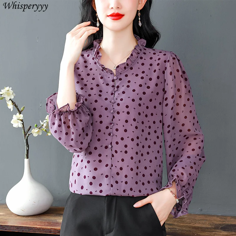 Chiffon Shirt Women's Polka Dot Tops Spring Summer Fashion Printing Round Neck Loose Camisas De Mujer Flare Sleeve Blouse