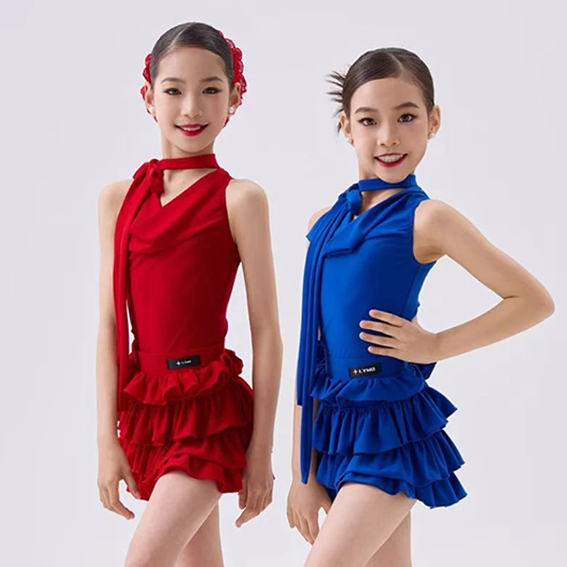 

Kids Latin Dance Clothes Girls Sleeveless Red Blue Dress Training Practice Wear Cha Cha Samba Dance Performance Suit DNV23231