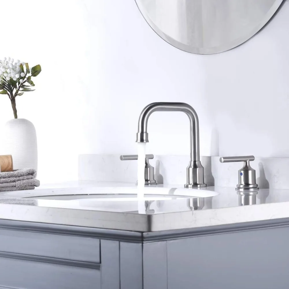 Brushed Nickel Bathroom Faucet Set: WOWOW Widespread Bathroom Sink Faucet 3Hole with Pop-up Drain and Supply Lines,8Inch Vanity