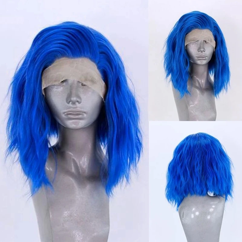 Colored Blue Short Wave Wig Synthetic Lace Front Wigs for Women Shoulder Length Body Wave Wig Free Part Natural Hairline Wig