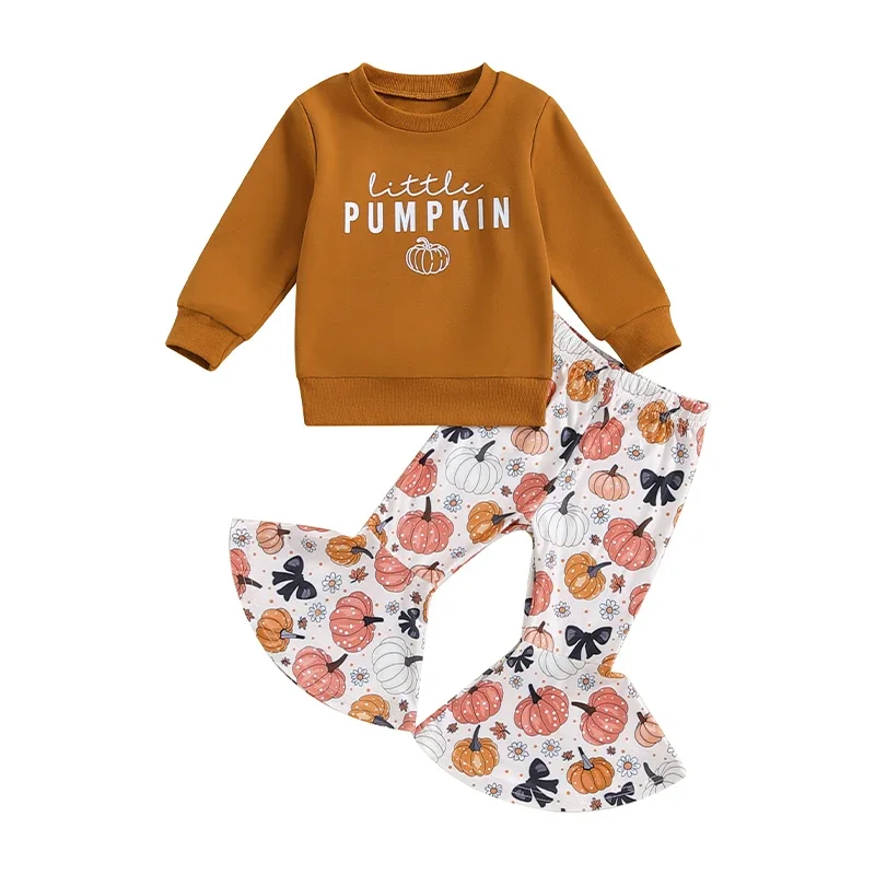 

Cathery Autumn Halloween Kids Toddler Girls Outfits Letter Print Long Sleeve Sweatshirt Pumpkin Print Flare Pants Cute Clothes