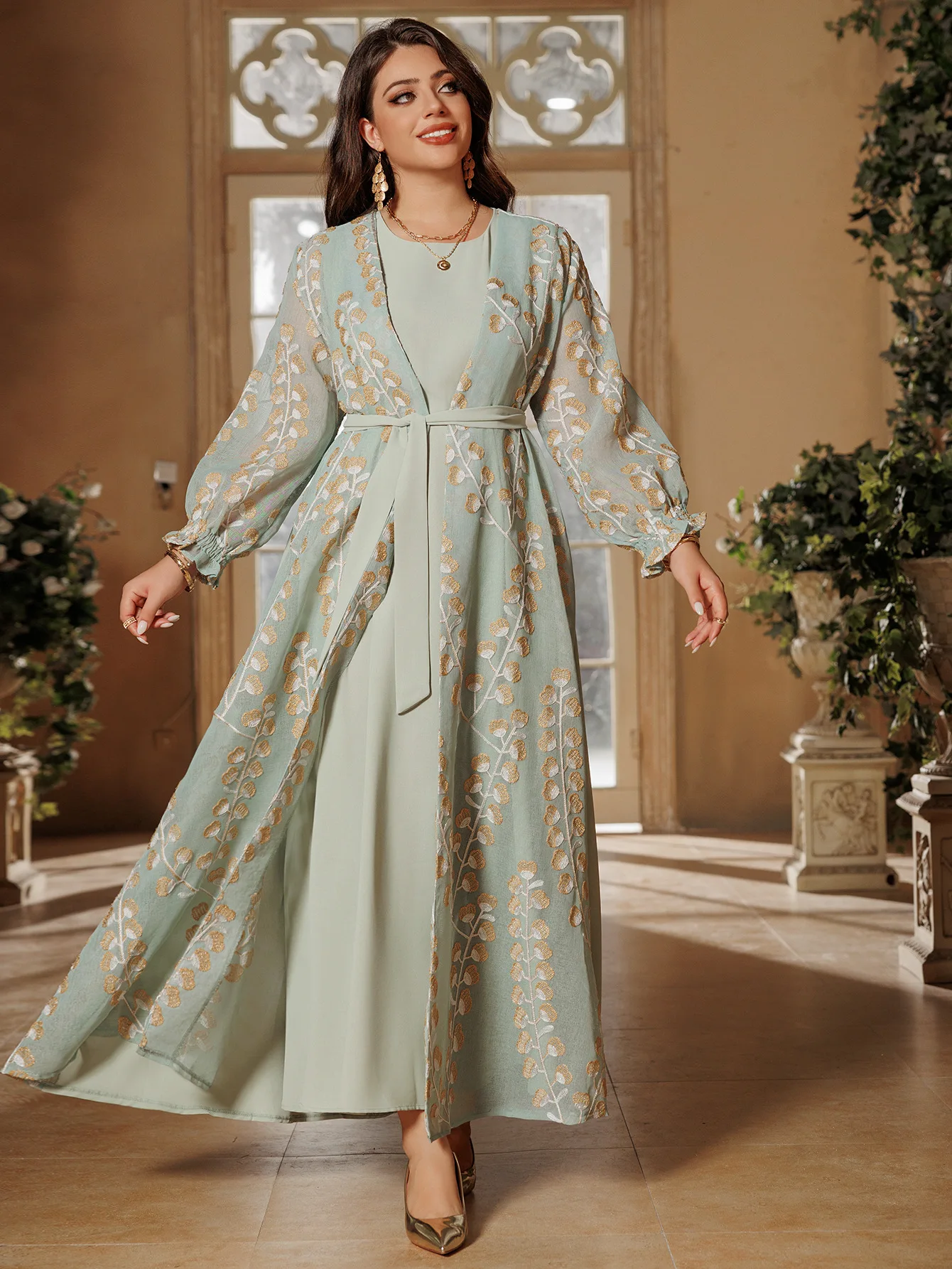 Ramadan Eid Muslim Women Embroidery Kimono Open Abaya Maxi Dress Set 2PCS Caftan Marocain Femme Jalabiya Kaftan Dubai Gown Robe