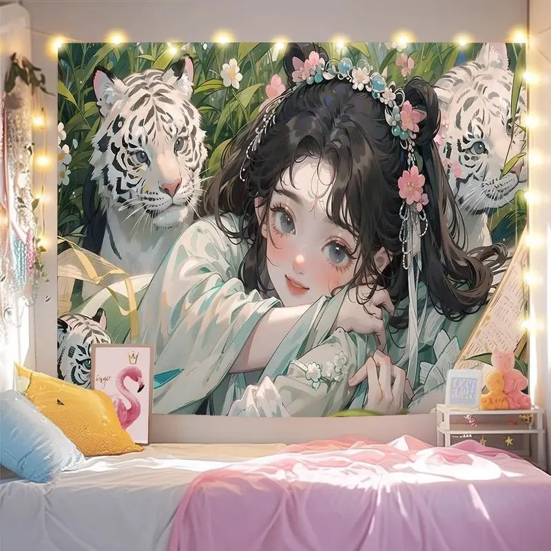 VIKAMA Jungle Antique Girl Tapestry Wall Hanging Home Decor for Bedroom Living Room Dorm New Chinese anime Illustration Buns