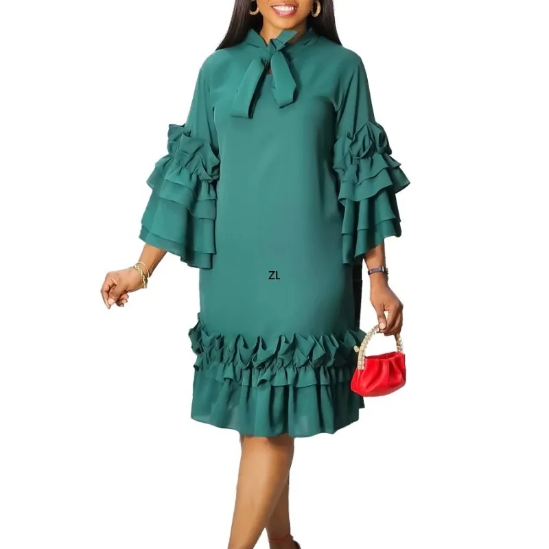 

Elegant African Dresses for Women Summer Fashion 2024 Africa 3/4 Sleeve Polyester Solid Color Midi Dress Dashiki Africa Clothing