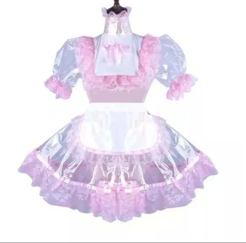 

Sexy sissy French maid perspective PVC lockable lace ruffled dress maid cosplay costume customizable