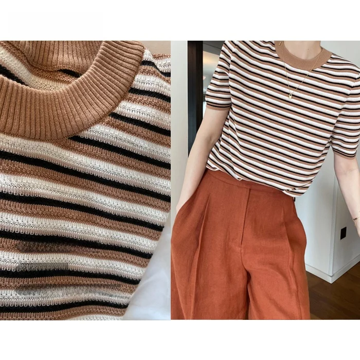 

PKHHK Heavyweight adient Stripe Knitted Top Silk Cuter Loom Faionable Commute Sle ort Sve Regular Fit irt