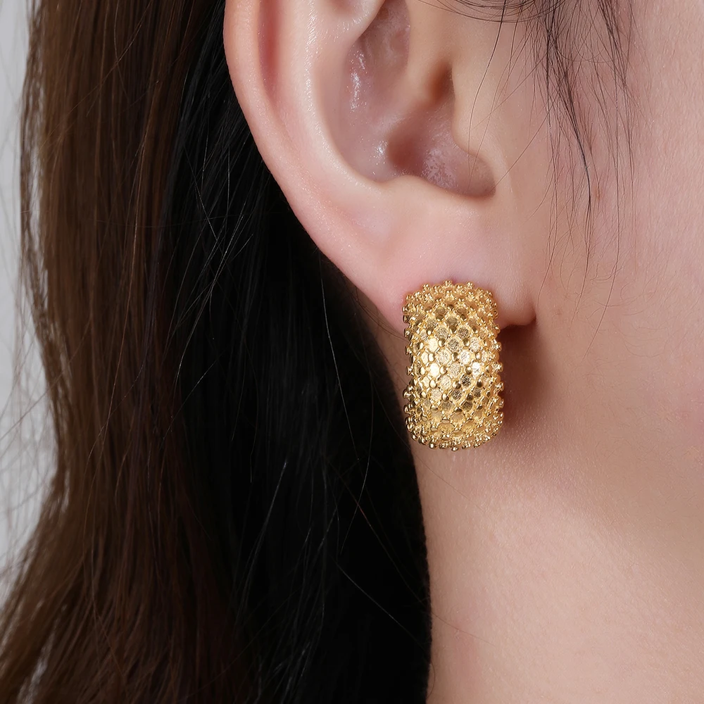 E05 New rhombic grid stud 18k gold earrings, stainless steel metal earrings and accessories