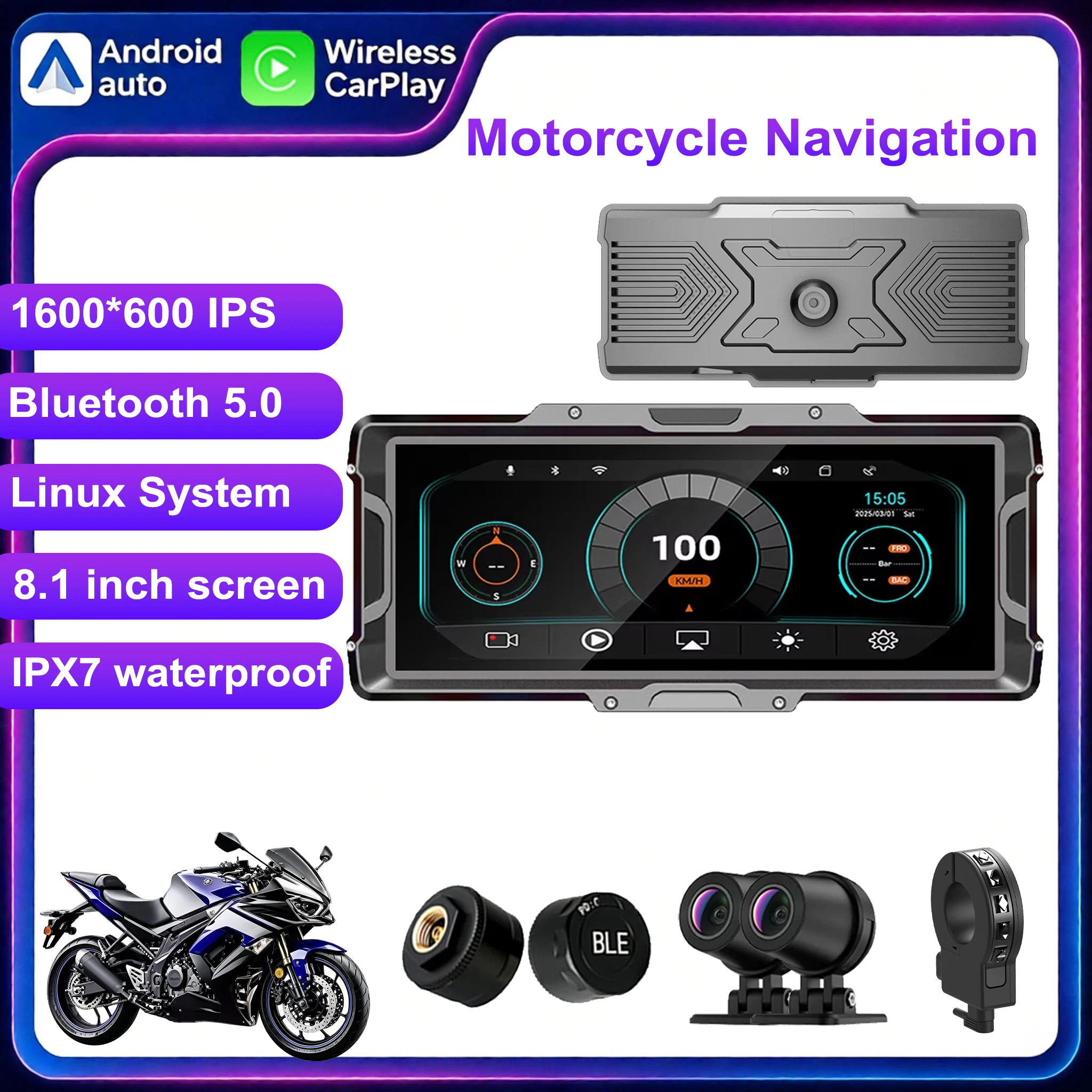 Icreative Portable 8.1 inch IP67 Waterproof Motorcycle 2K DVR GPS Navigation Wireless Carplay Android Auto Moto Recorder Monitor