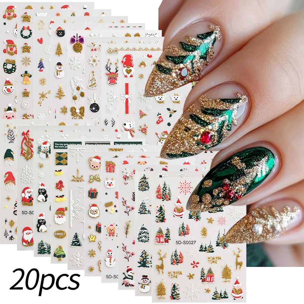 

20 шт./компл., лазерные блестящие рождественские наклейки для ногтей, 5D тисненая лампа, шар, рождественская елка, снежинки, наклейки для ногтей, ползунки, маникюрный декор