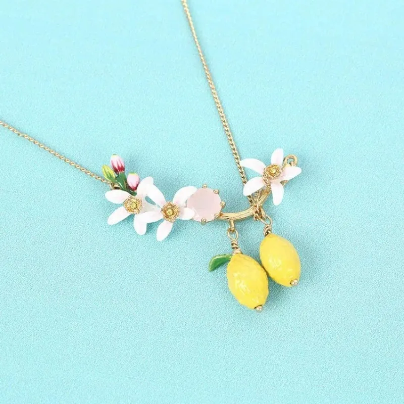 Boho Rural Style Hand-painted Enamel Fairy Series Series Fruit Tassels Pink Flower, Opal Pink Glass Cute Lemon Dangles Necklace