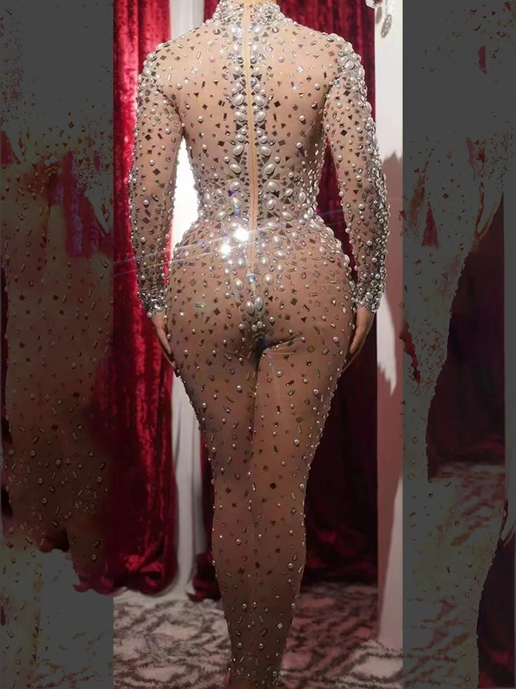 Sexy Pearl Party Jumpsuit Stones  Singer Dancer Performance Costume Birthday Prom Ball  Nightclub Dance Playsuit