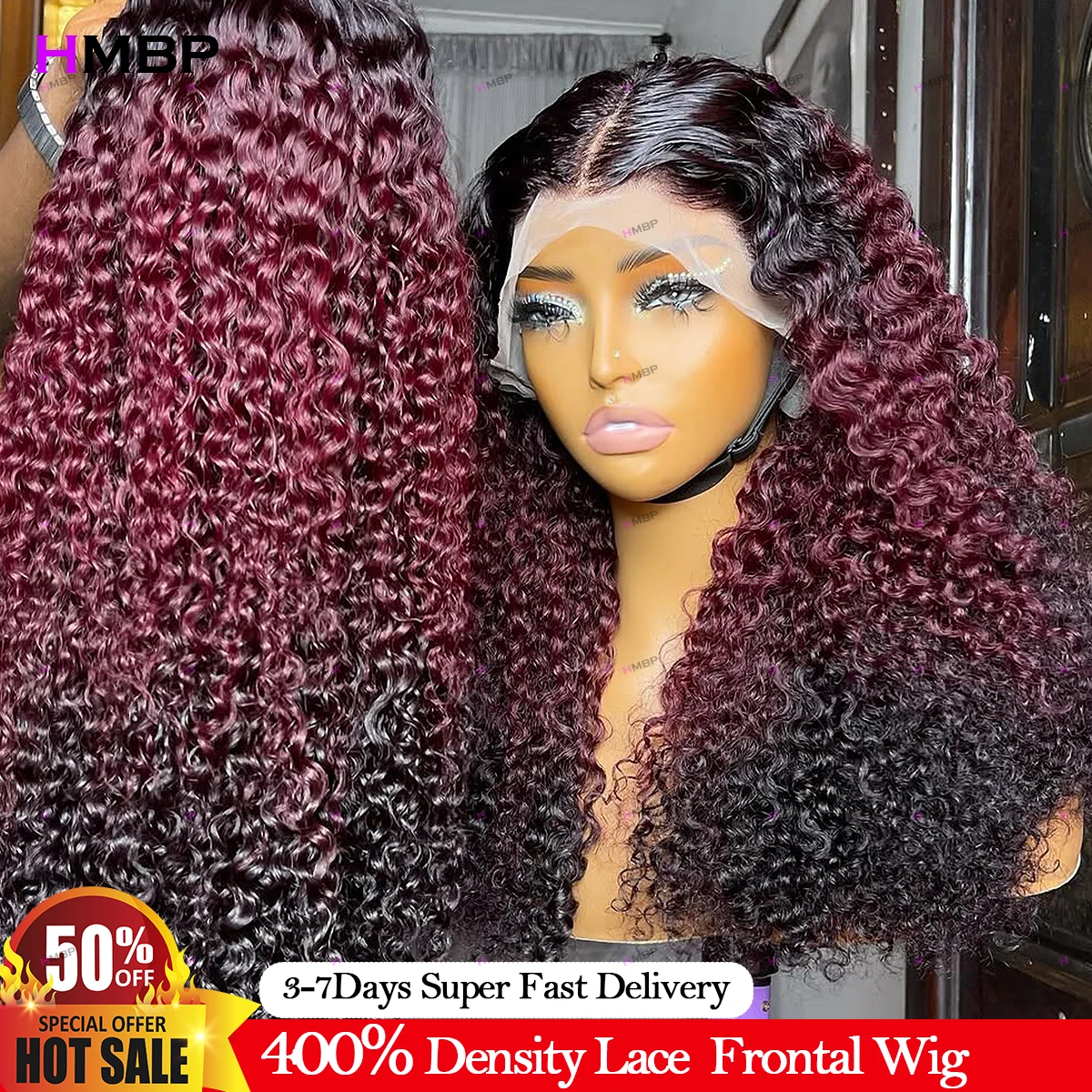 400 Density Glueless Wigs Human Hair Ombre 99J Hd Lace Frontal Wig Kinky Curly 13x6 Hd Lace Frontal Wig Human Hair Preplucked