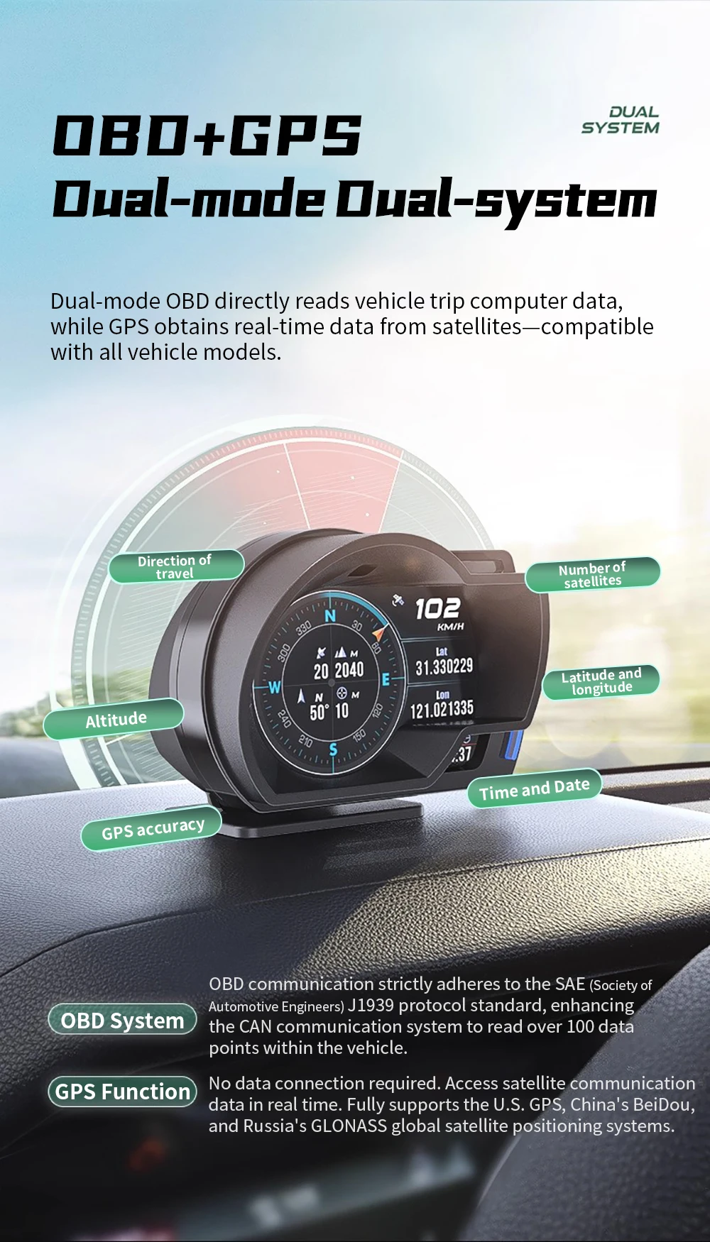 A520 OBD+GPS HUD Tachometer Wassertemperatur Drehzahlmesser Kraftstoffstand Digitaler Head-Up-Display Smart Gauge Geschwindigkeitswarnung Auto-Diagnosegerät – Detail 8