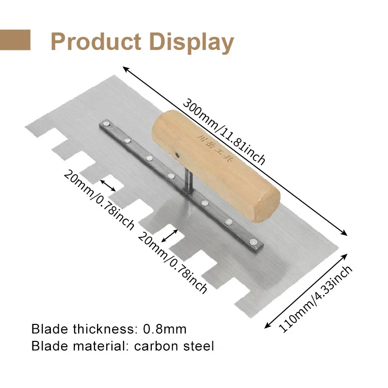 30cm Professional Tile Tools Adhesive Trowels Wood Handle Carbon Steel 20mm Square Notched Trowel Tools For Construction