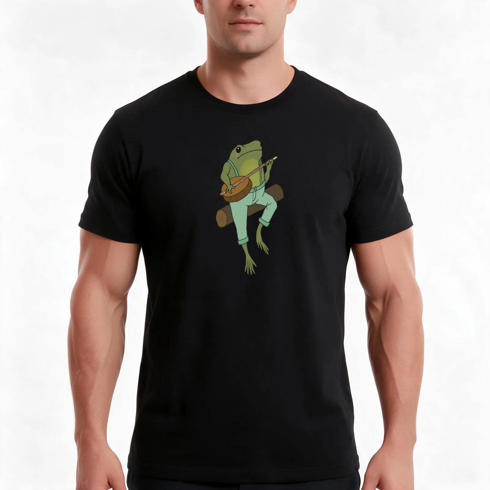 Cottagecore Guitar Froggy - Cute Frog Playing Banjo on Log Tree - Goblincore Farmer Costume Toad - Emo Grugne Fairycore T-Shirt