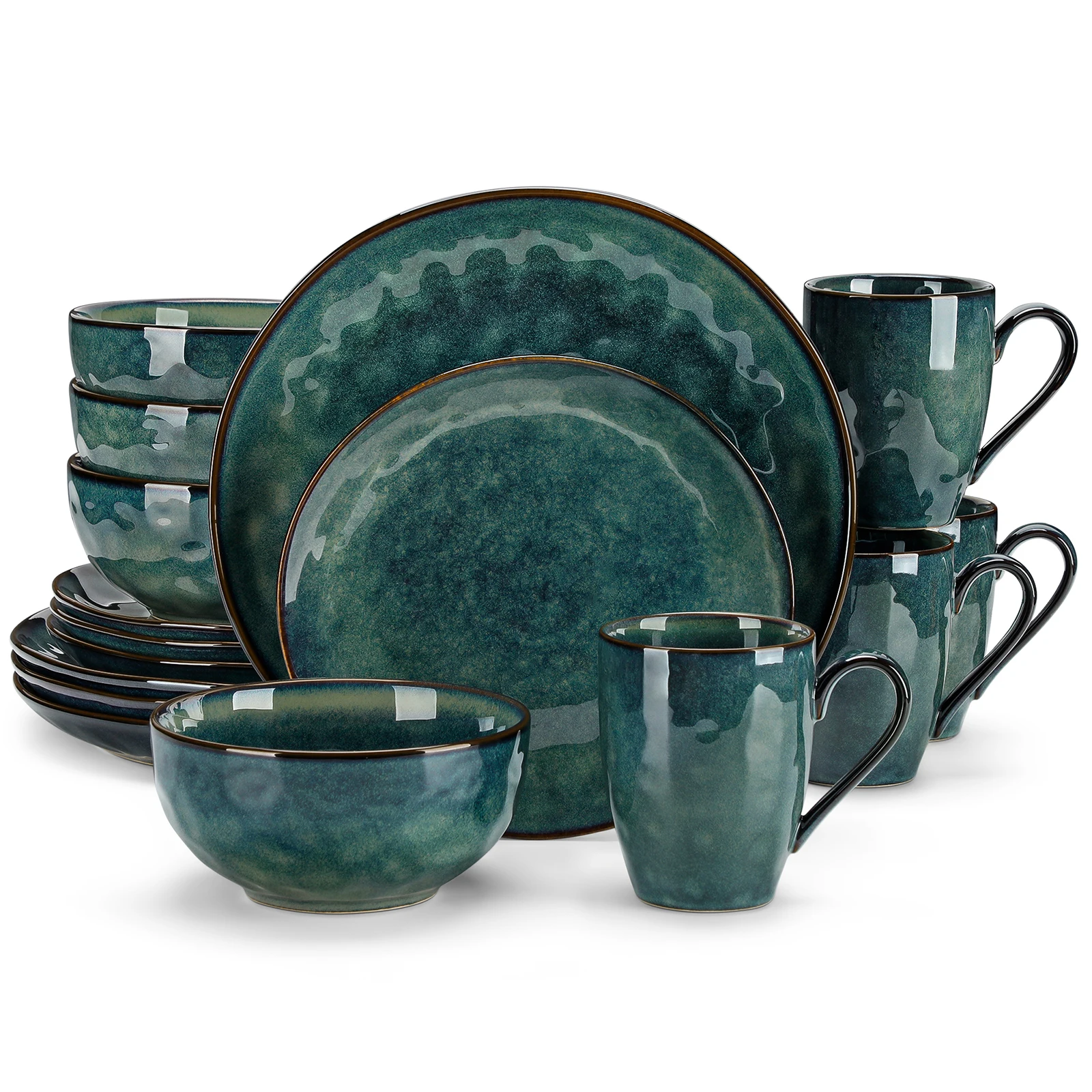 Service de table vert étoilé Vancasso 16/32 pièces, vaisselle en céramique effet four avec assiette plate, assiette à dessert, bol et tasse
