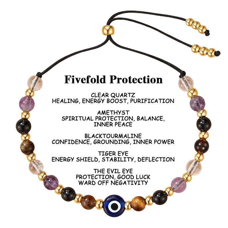 

Evil Eye Natural Crystal Protection Bracelet with 5 Stones Triple Protection Anxiety Relief Jewelry Gift for Friends Mom
