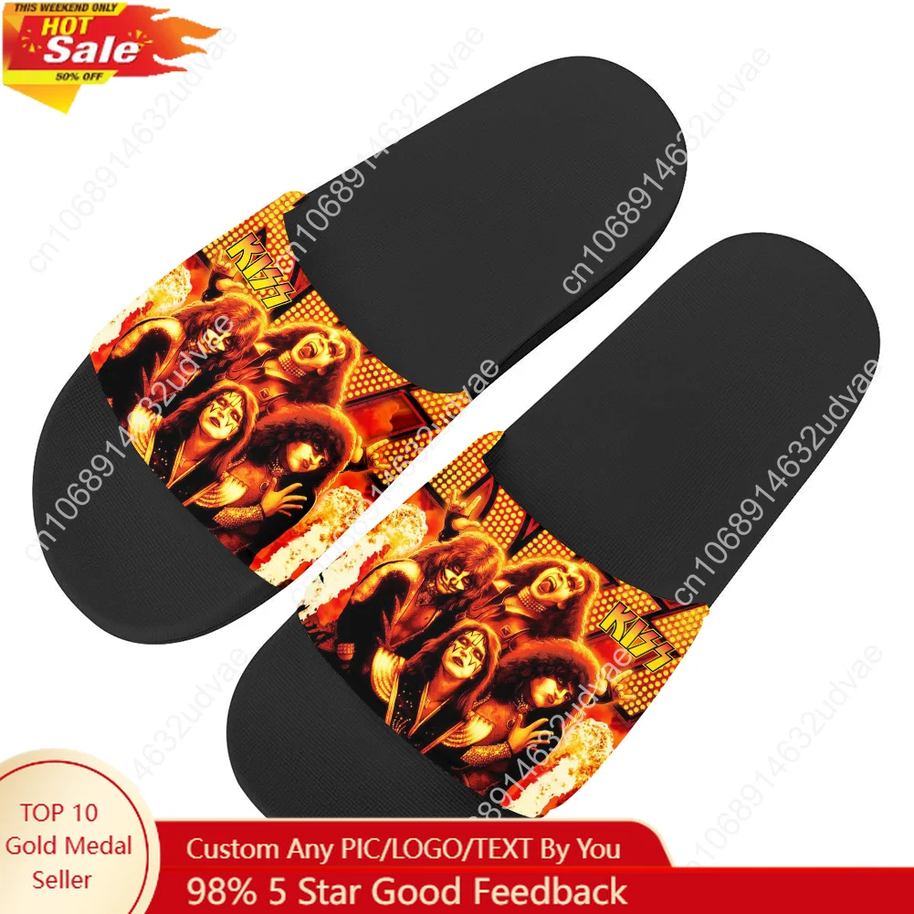 

Kiss Rock Band Slippers Man Woman Boy Girl Tailor Made Slides Sandals Photo Text Customized Bath Shoes Water Shoe Black