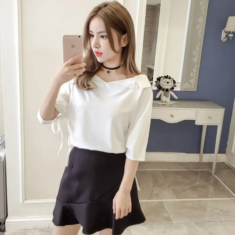 Women Summer Korean Fashion Loose Ruffles Solid Color Slash Neck Short Sleeve Chiffon Shirts Ladies Casual All-match Lacing Tops