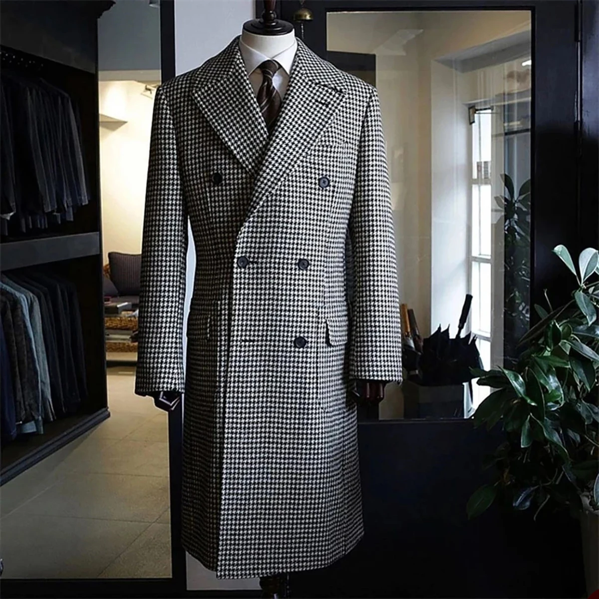 Houndstooth Woolen Overcoat For Men Double Breasted Trench Coat Plus Size Customized Formal Casual Outwear Thick Winter Jacket