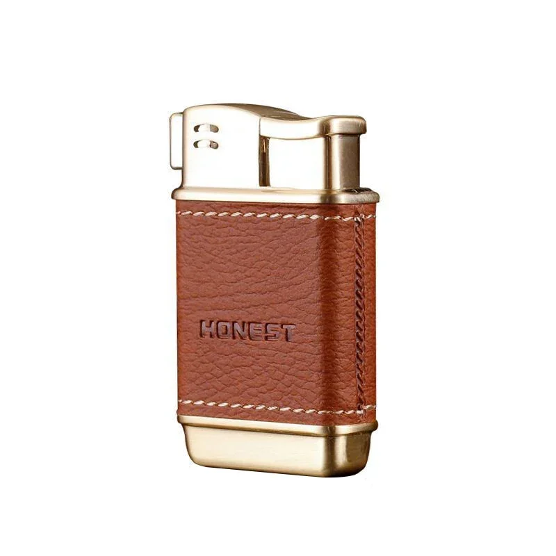 Honest Pipe Lighter Obtique Soft Flame Butane Gas Lighter with Leather Cover Mini Portable Cigarette Lighter Smoking Accessories