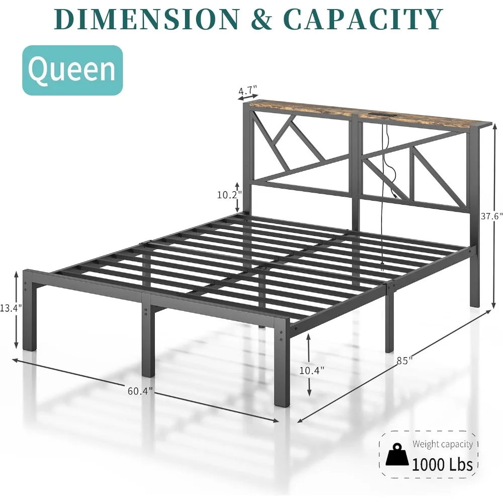 Queen Size Black Metal Bed Frame with USB Charging Station, LED Ambient Lighting, and Wooden Storage Headboard - Includes