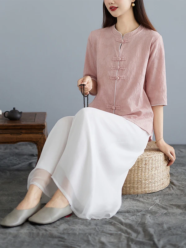 

Casual Cotton Linen Shirt Women's Summer 2026 Short Sleeve Yoga Wear Loose Wide Leg Pants Versatile Casual Tea Ceremony Outfit