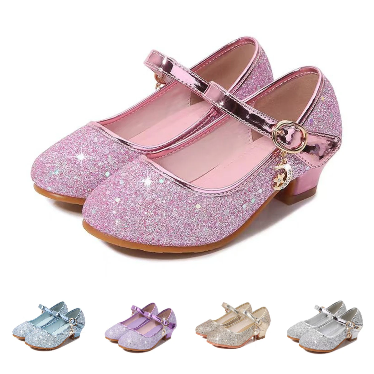 

Girls High Heels Little Girl Crystal Leather Shoes Korean Princess Sequined Shoes Student Dance Shoes Spring and Autumn Shoes