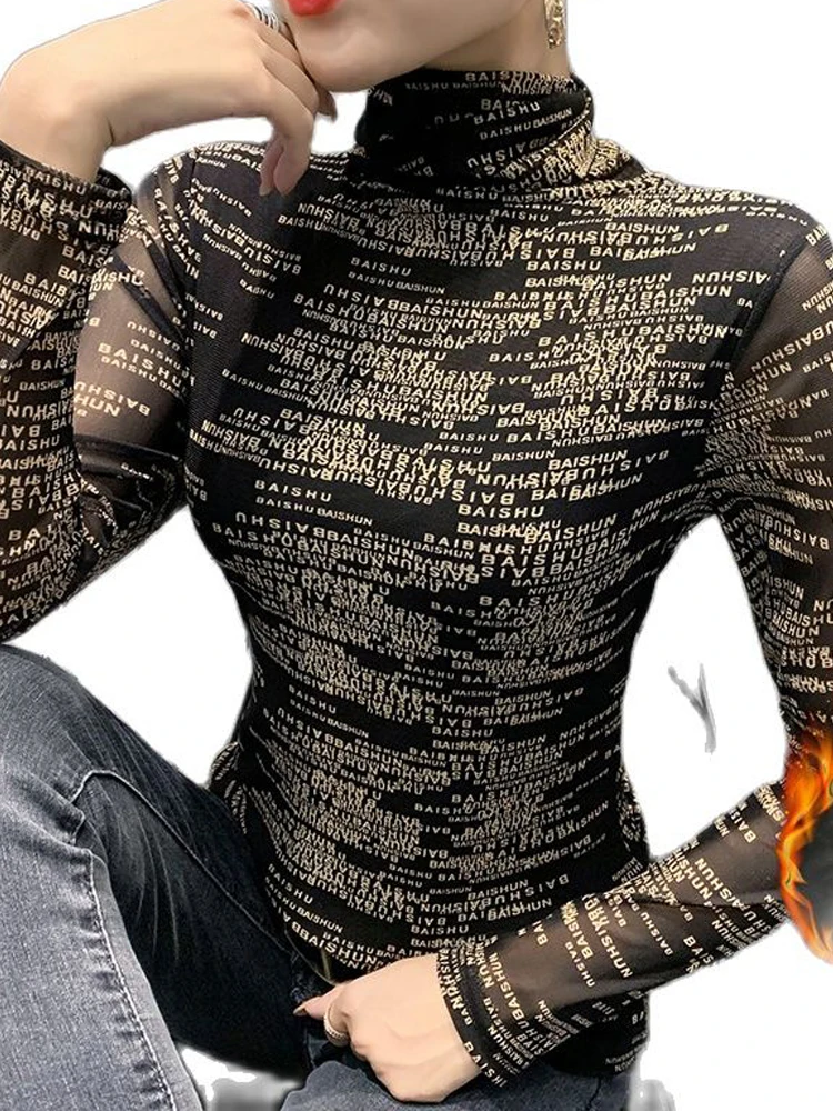 Winsleter Versatile Elegant Tshirt Women Turtleneck Letter Print Slim Warm Fleece Mesh Long Sleeve Tee Autumn Winter T37073JC