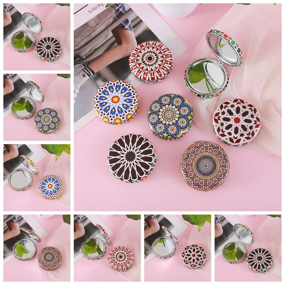 Pu Leather PU Desktop Stand Mirror Bohemian Light Weight Circular Folding Makeup Mirror Easy To Carry Round Vanity Mirror