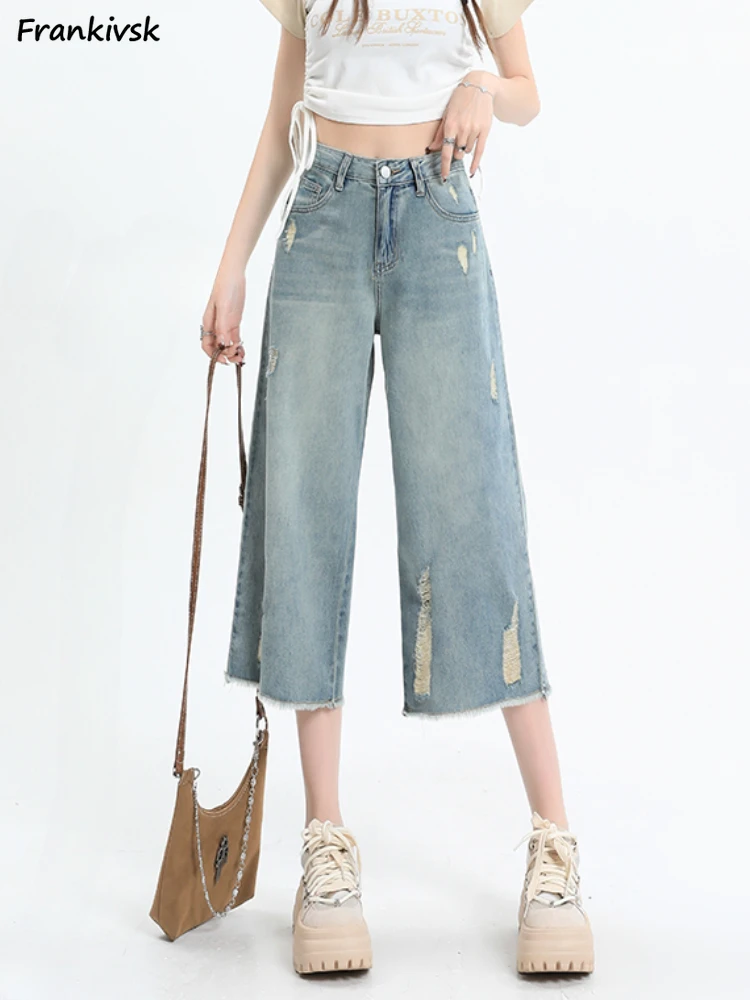 Wide Leg Jeans Women Loose Frayed Calf-length Fashion High Waist  2023 Japanese Style Raw Edge Summer Leisure All-match