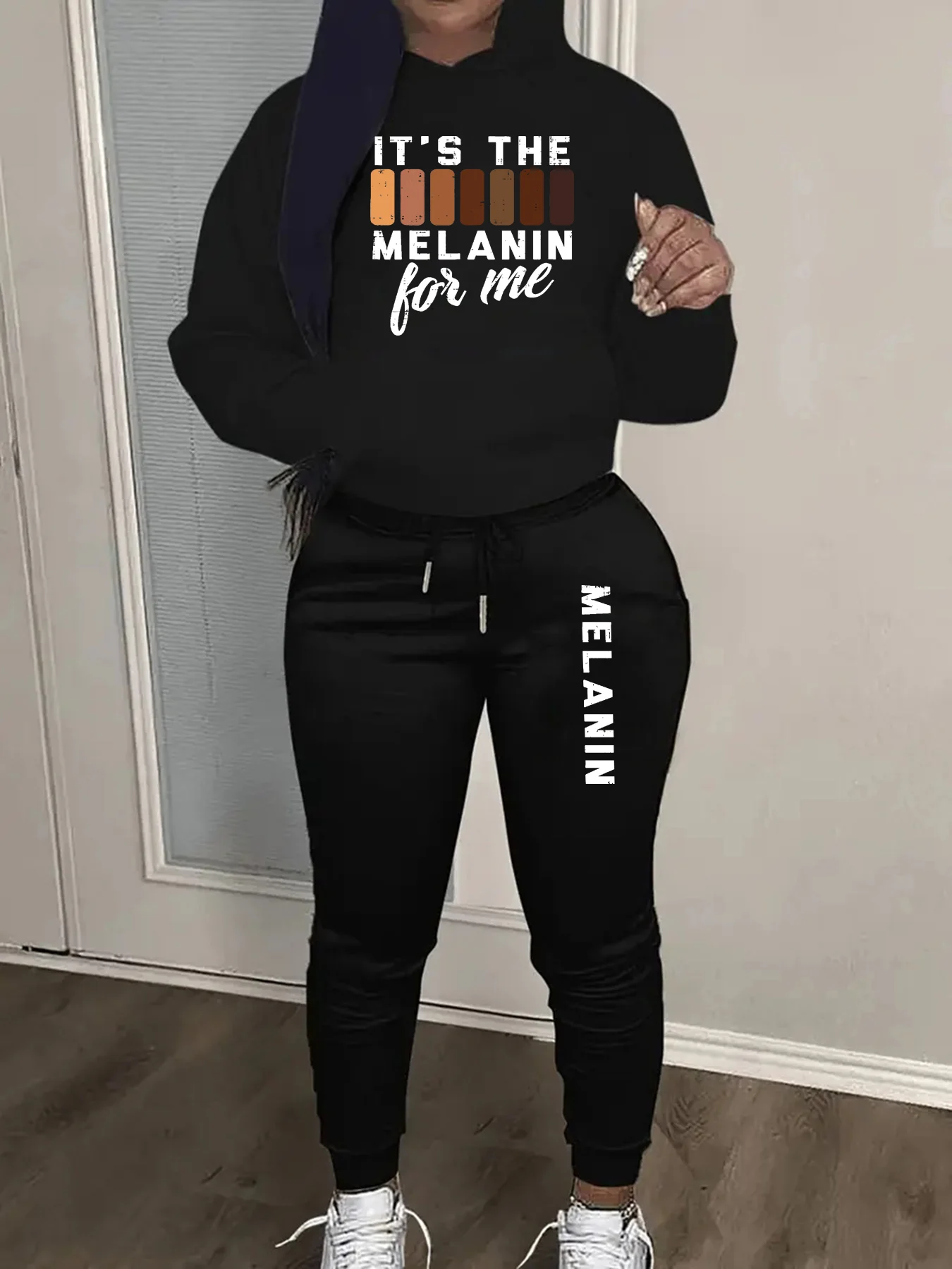Women's autumn and winter fashion casual MELANIN pattern print with plush warm and thick pullover hoodie+sports pants set