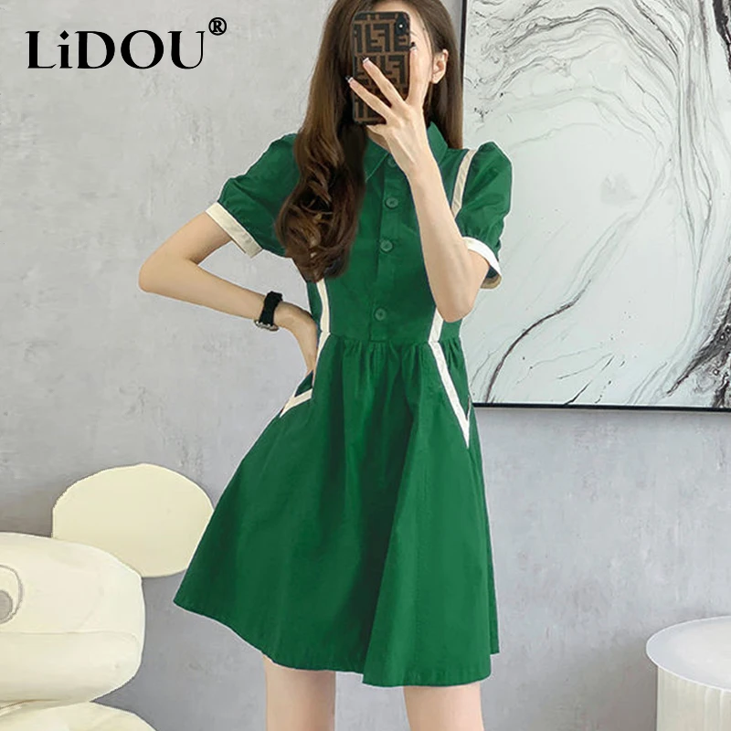 

Summer Polo-neck Patchwork Casual Fashion Waist Mini Dress Ladies Short Sleeve Buttons Shirt Robe Women Elegant Pocket Vestidos