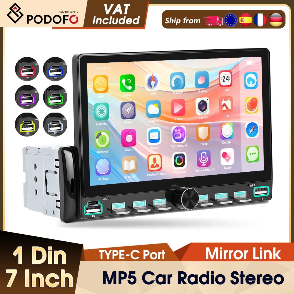 Podofo 7 Zoll 1-DIN-Autoradio mit kabelgebundener Mirror-Link-Funktion, Bluetooth, IPS-Bildschirm, FM-EQ, USB, Multimedia-Videoplayer