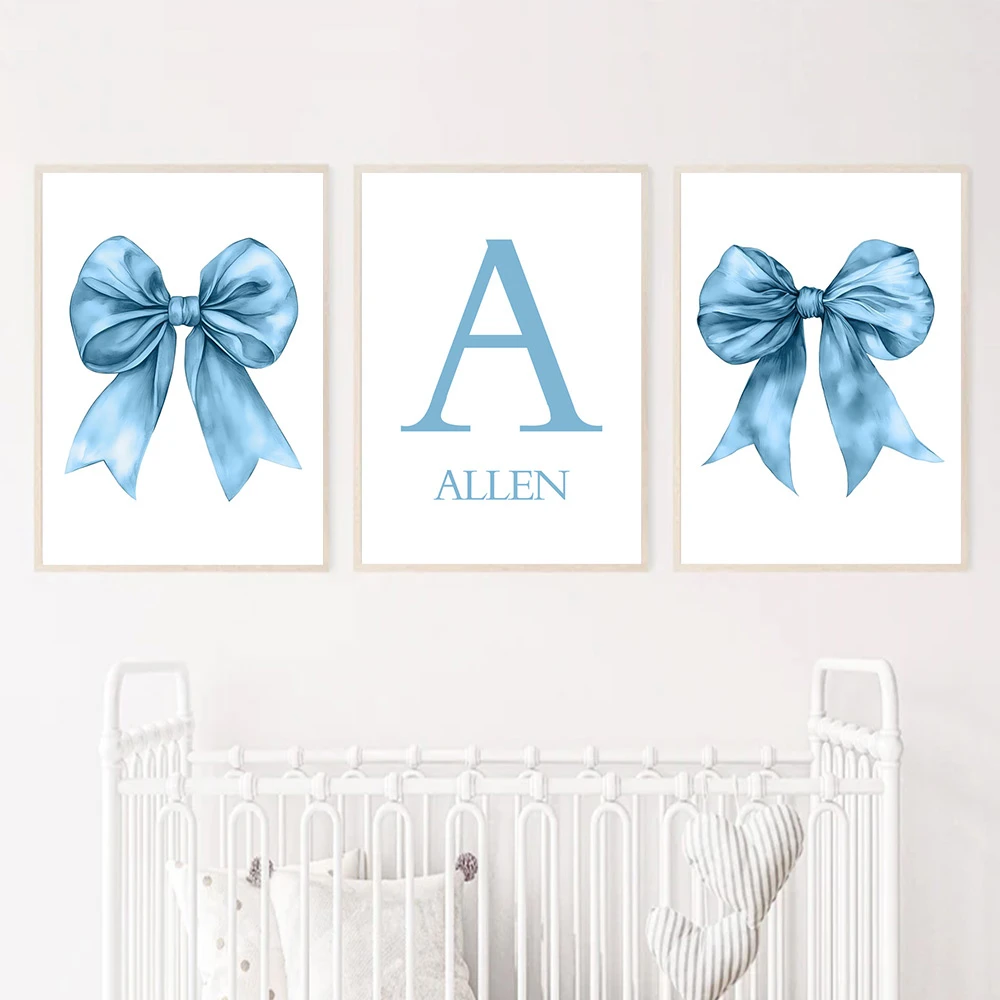 Blue Bow Canvas Painting Personalized Custom Name Wall Art Nursery Posters and Prints Nordic Wall Pictures Baby Girls Room Decor