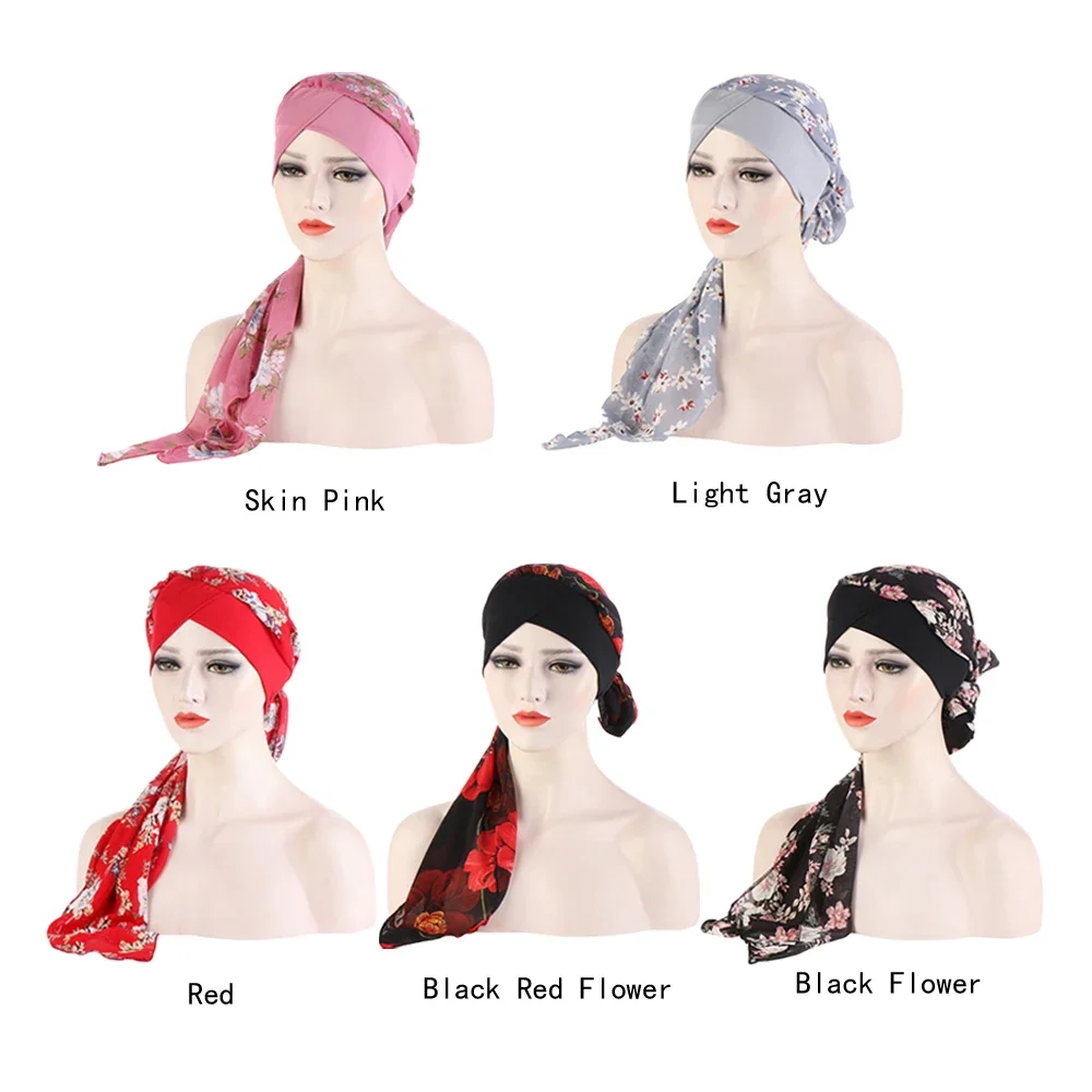Le Donne musulmane Lungo Chiffon Foulard Scialle Islam Turbante Cap Indiano Stampa Floreale Hijab Beanie Perdita di Capelli Choker Boho Avvolge Moda
