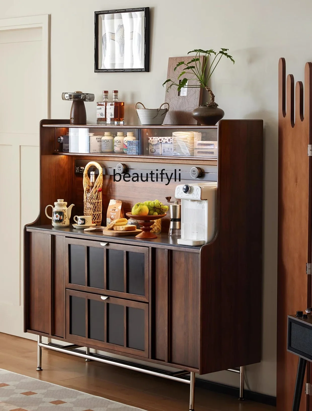 

New Chinese Style Retro French Sideboard Wall-Mounted Storage Cabinet Double-Layer Living Room Wine Cabinet Small Apartment