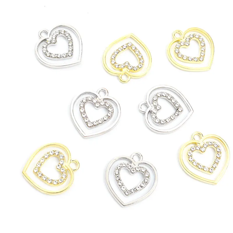 Temperament Double Heart Rhinestones Inlaid Hollow Charms 10pcs Trendy Jewelry Findings Necklace Bracelet Earrings Pendants